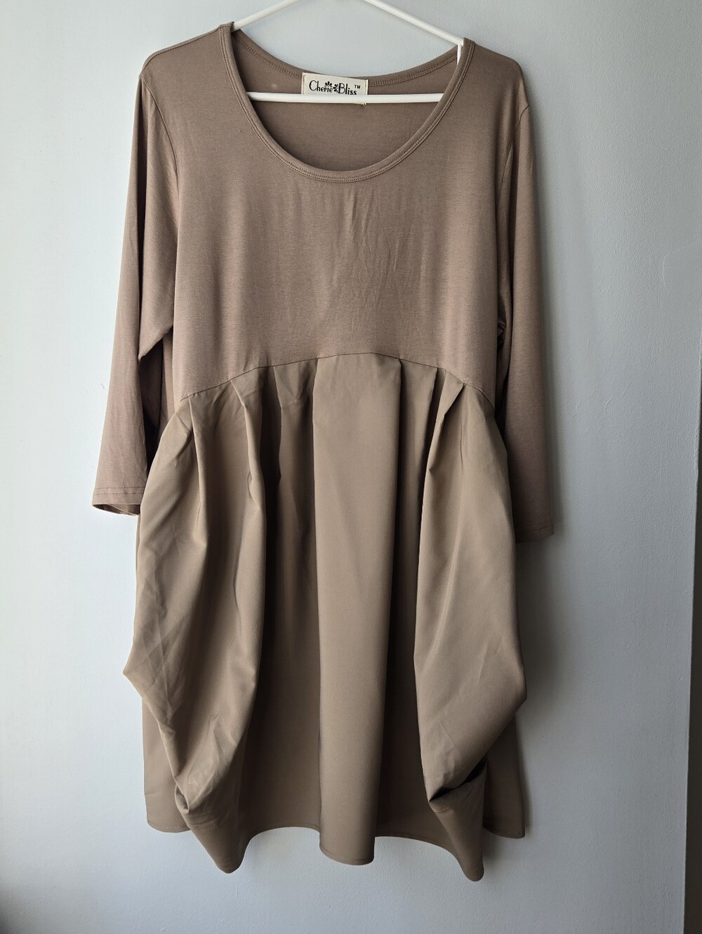 Cherie Bliss XL Balloon Drape Dress Taupe Bodycon & Silky Skirt 3/4 Sleeve Y2K